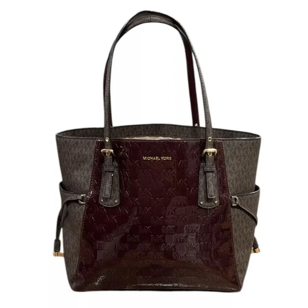 MICHAEL KORS Burgandy Brown Voyager East West Signature Tote Purse Shoulder Bag